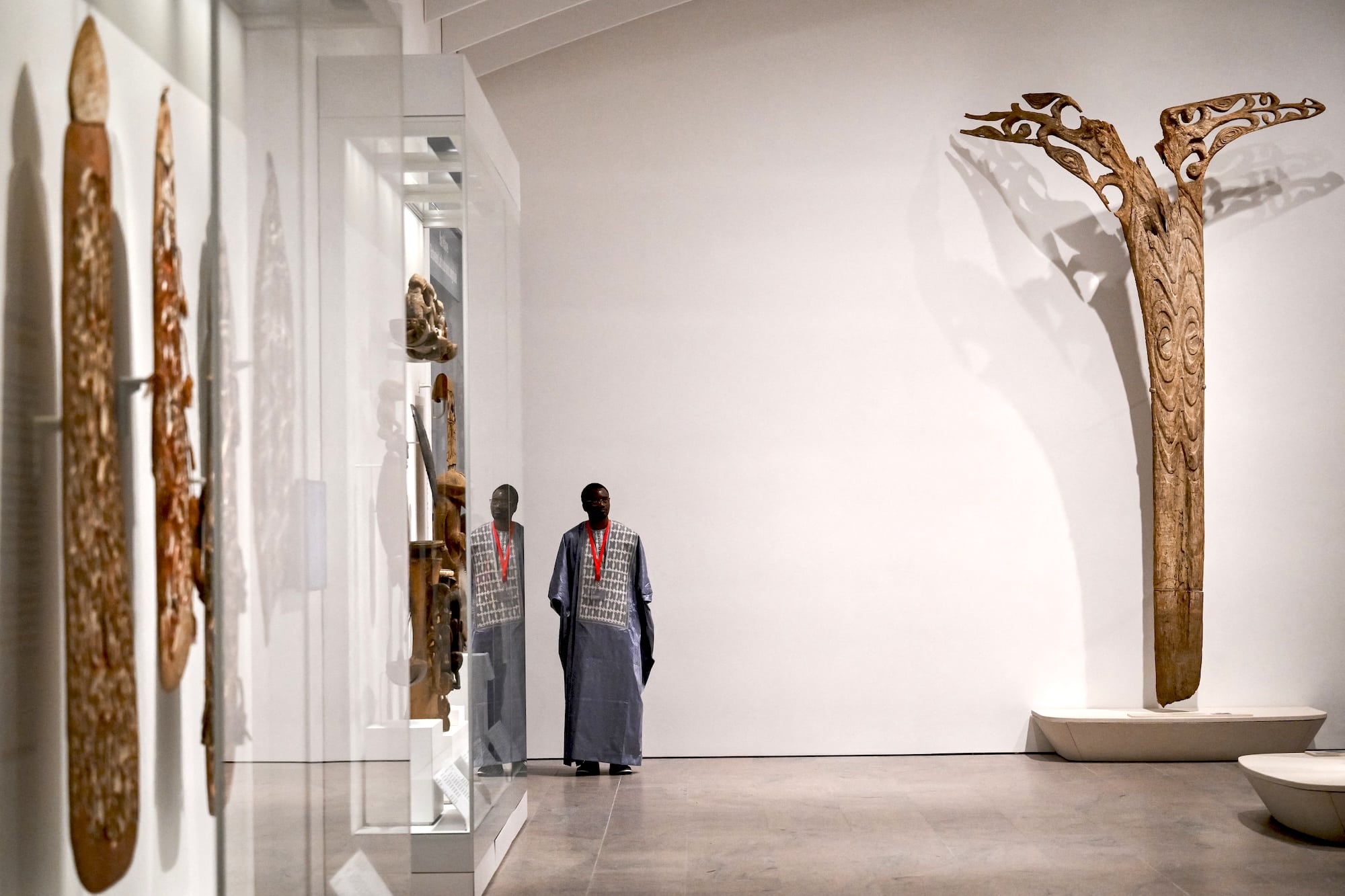 Art is displayed at the reopening press preview of three distinct new gallery suites for the Arts of Africa, the Ancient Americas, and Oceania in the Michael C. Rockefeller Wing at The Met Museum on May 28, 2025 in New York City. The Met's Rockefeller wing will reopen to the public on May 31 after an extensive renovation. (Photo by ANGELA WEISS / AFP)